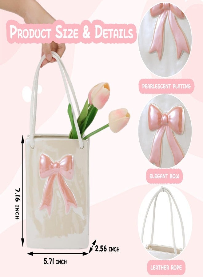 Ninehaoou Pink Bow Handbag Flower Vase 7.16 Inch Ceramic Purse Vase Hanging Coquette Decor Christmas Centerpiece for Table Shelf Living Room Women Girl Gifts - Image 3